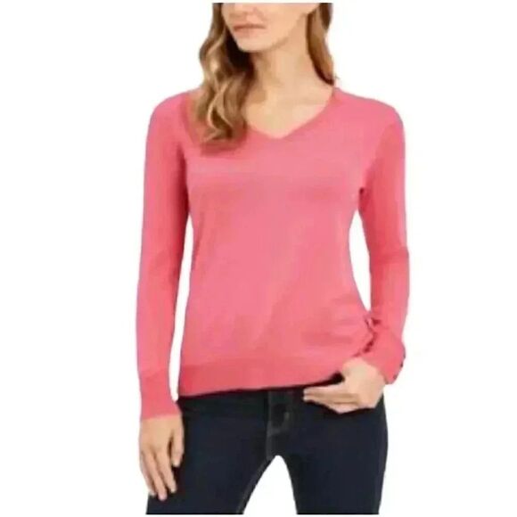 Banana Republic Women's Watermelon Pink Silk/Poly/Cashmere Knit V-Neck Sweater - Picture 1 of 9